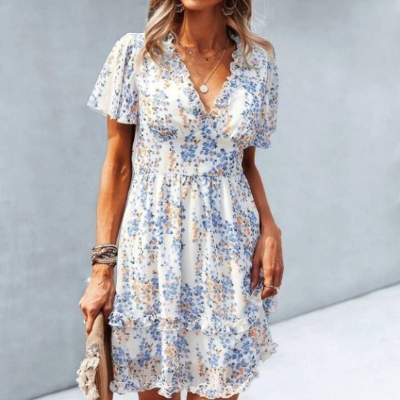 Boho Floral Print Frill Trim Dress cream Cottagecore - Picture 4 of 5